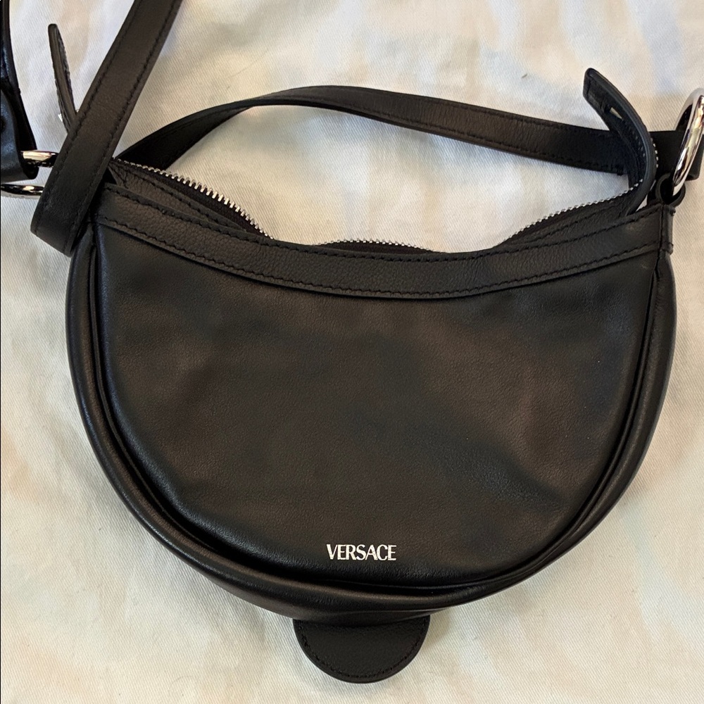 New Versace Black Italian Leather Shoulder mini Hobo Bag w Silver Medusa Charm - Picture 3 of 10